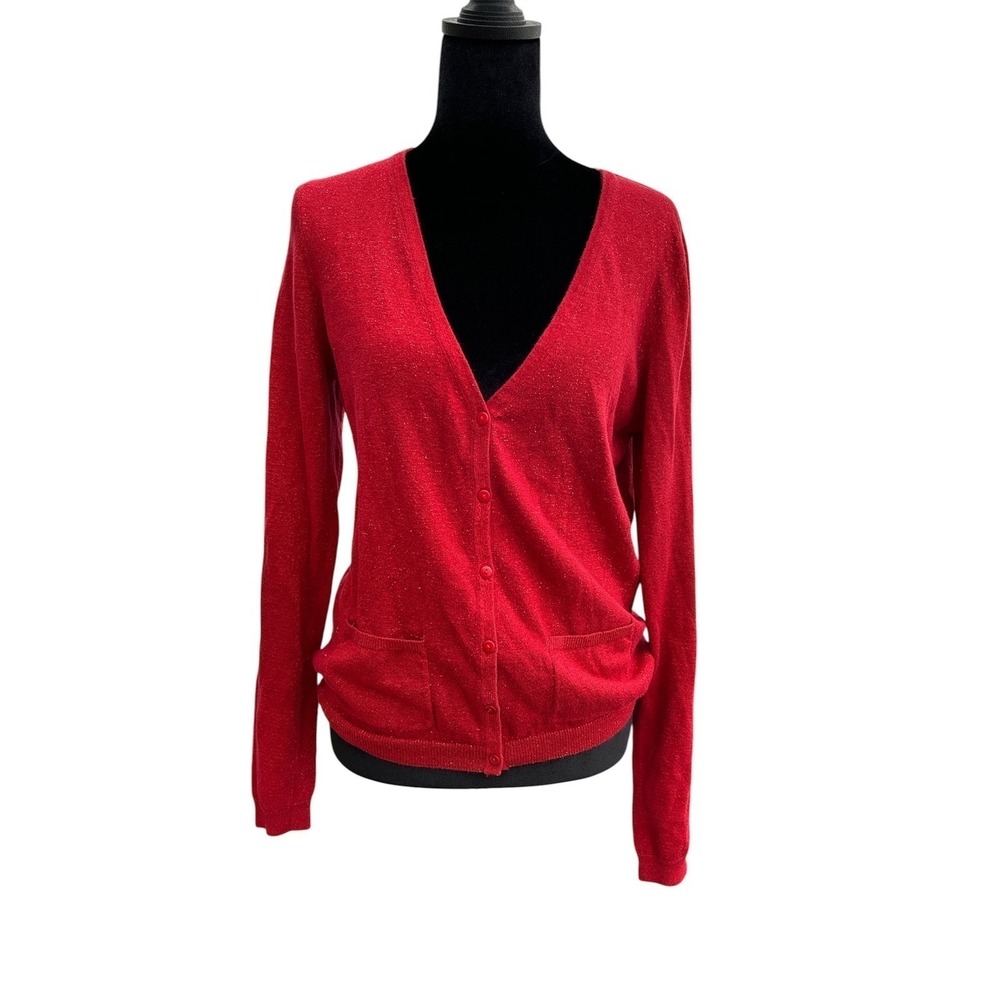 Forever 21 Womens Red Metallic Shimmer V-Neck Button Front Cardigan Sweater L